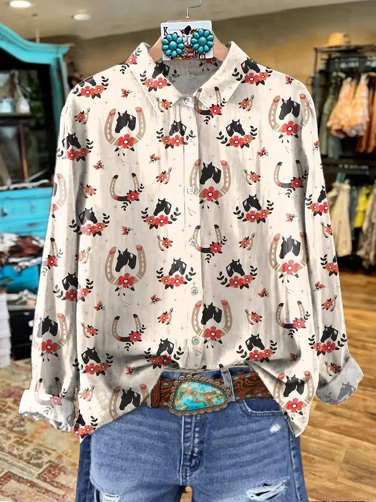 Women's Denim Horse Floral Printed Casual Top