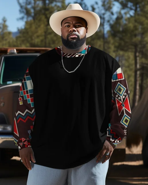 Men's Plus Size Western Ethnic Color Block Black Diamond Long Sleeve Sweatshirt