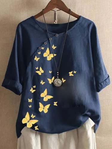 BUTTERFLY PRINT CASUAL SHORT SLEEVE BLOUSE