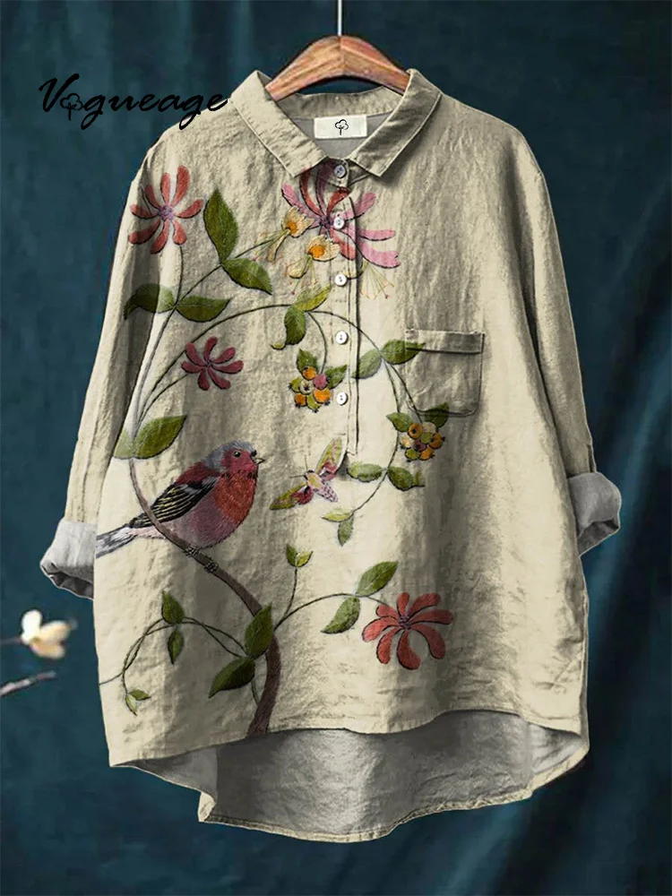 Simple Leisure Fashion Plants Flowers And Birds Print Cotton And Linen Shirt