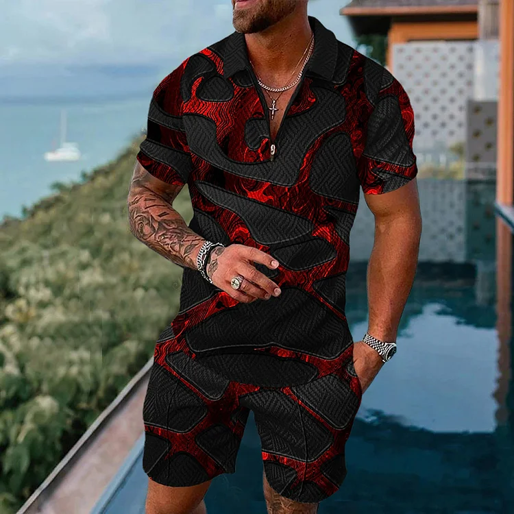 Men's black and red print polo suit