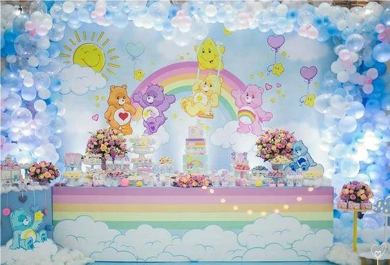 Cartoon Kids Rainbow Care Bear Happy Birthday Party Backdrop RedBirdParty