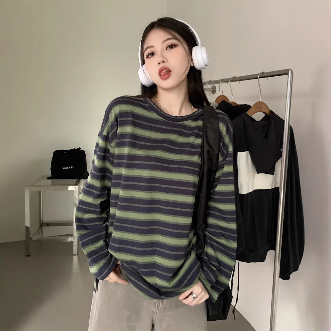 Uveng Uveng Collar Striped Long-Sleeved T-Shirt Women's Autumn 2024 New Design Feeling Loose Show Thin Casual Students Slit Jacket