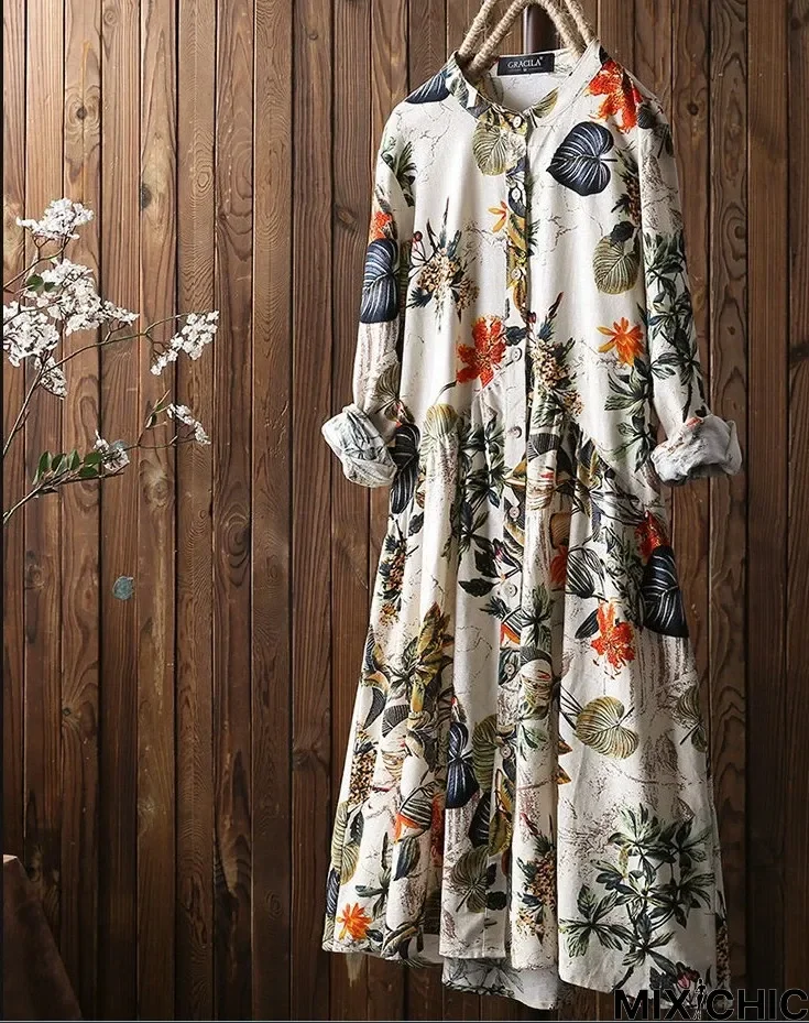 Fashion Flower Print Round Neck Long Sleeve Casual Maxi Dress
