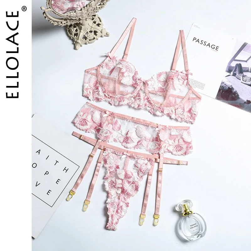 Ellolace Floral Lingerie Embroidery Women's Underwear Set Fancy Lace Bra Kit Push Up Thongs with Garters Sexy Erotic Brief Sets