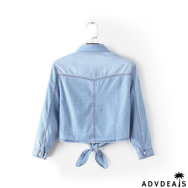 Puff Sleeve Bow Neck Denim Shirt