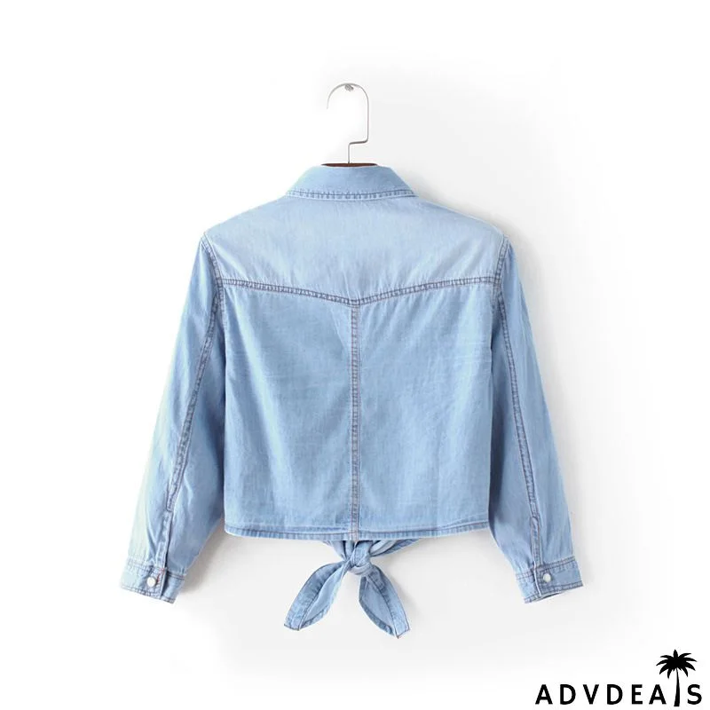 Puff Sleeve Bow Neck Denim Shirt