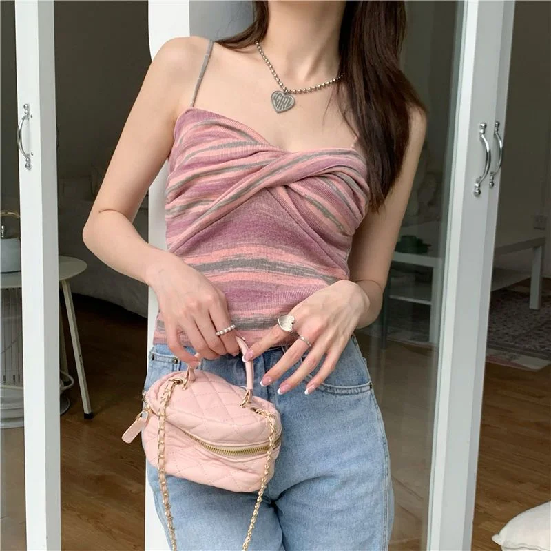 Uveng Uveng Sense Of A Small Color Stripe Small Sling Vest Women In The Summer 2023 Short Sexy Knitting Blouse Tide