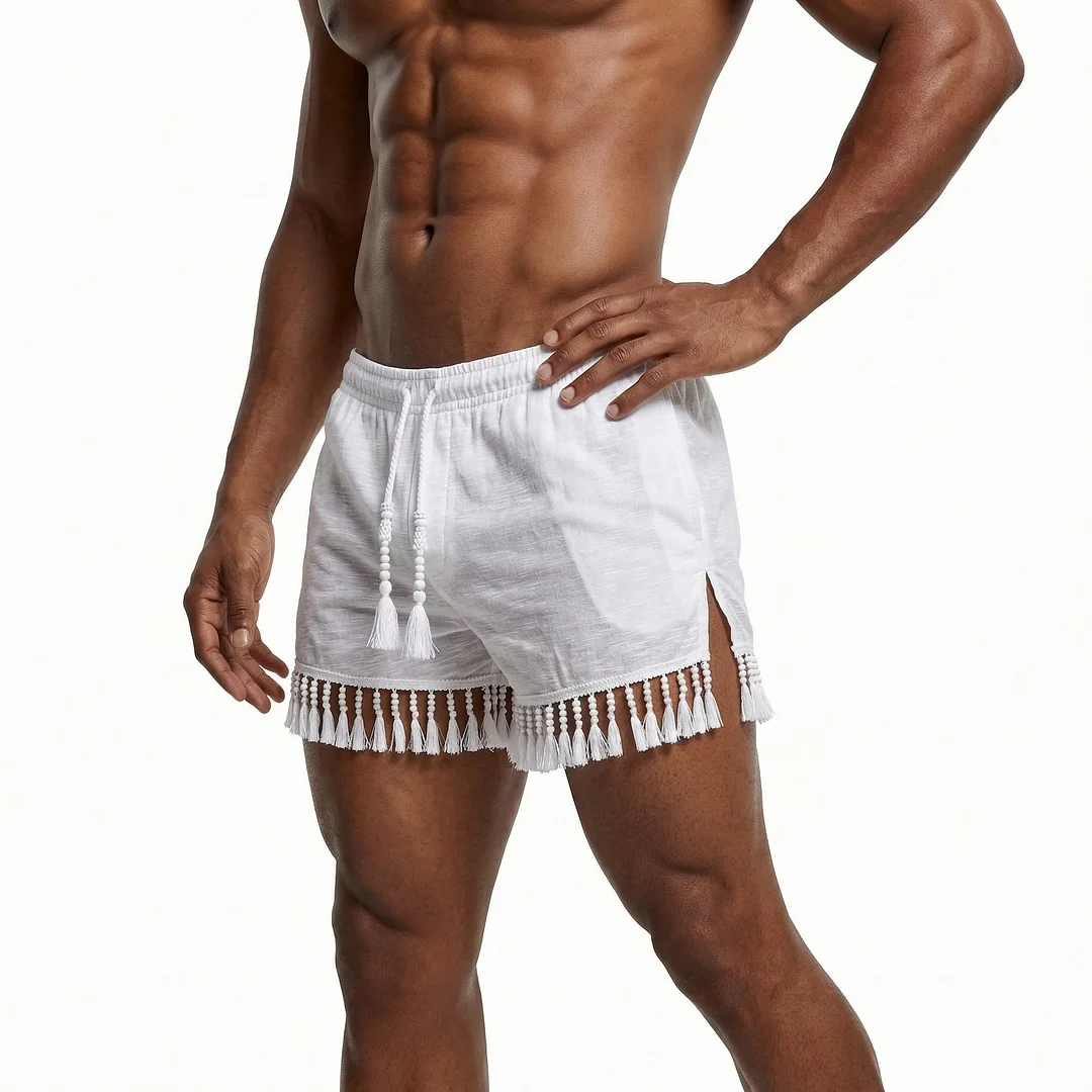 Men's Basic Casual Shorts, Tassel Patchwork Shorts-INSPIREUSE