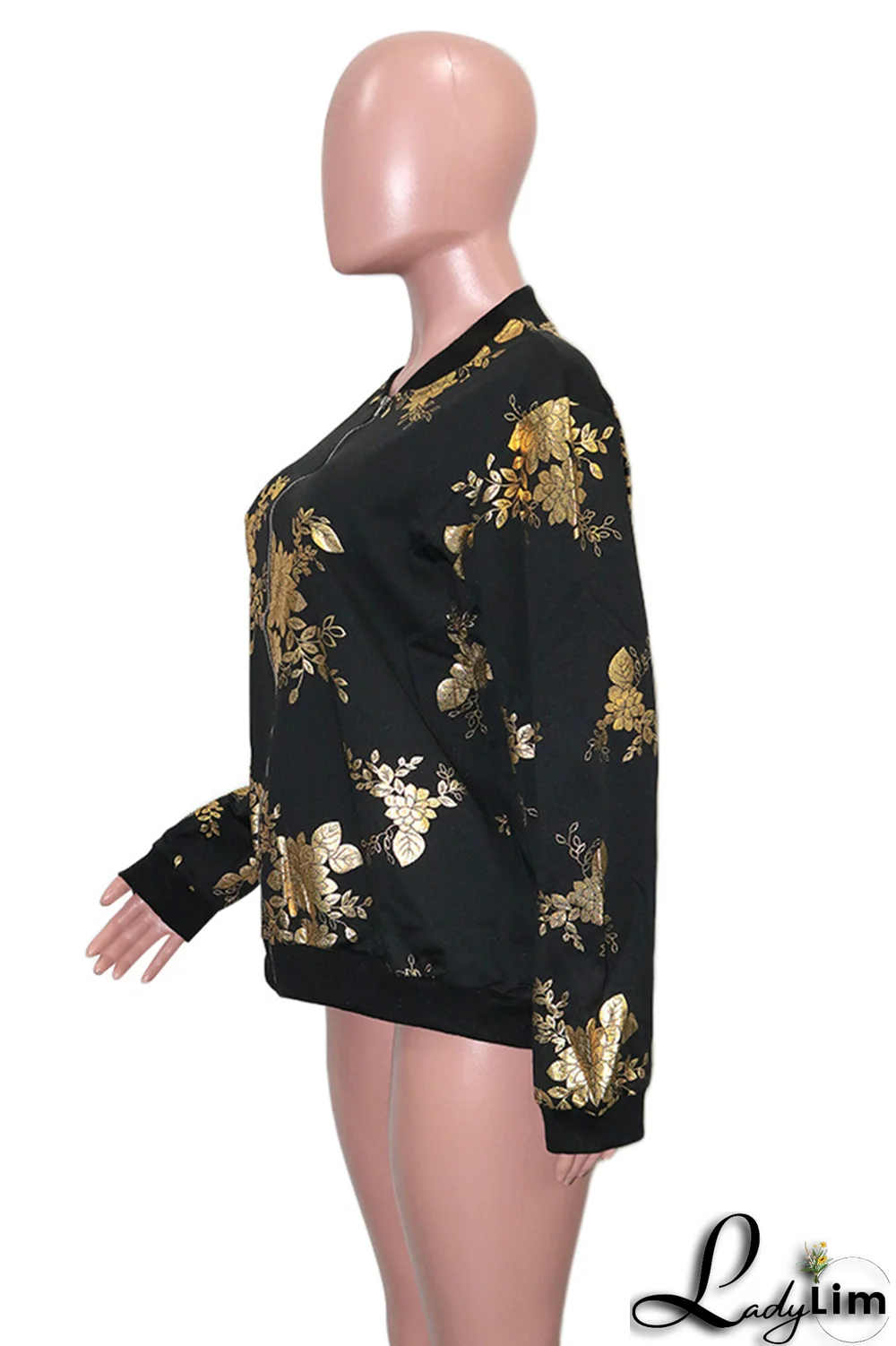 Black Fashion Print Patchwork Zipper Collar Outerwear