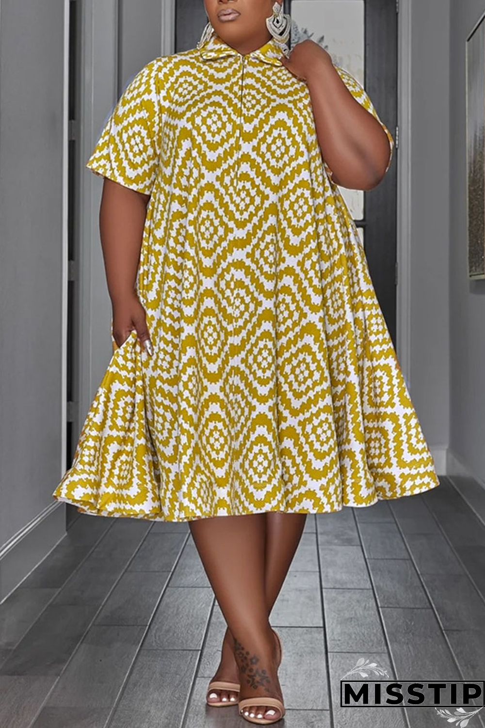 Colour Casual Print Patchwork Turndown Collar Straight Plus Size Dresses