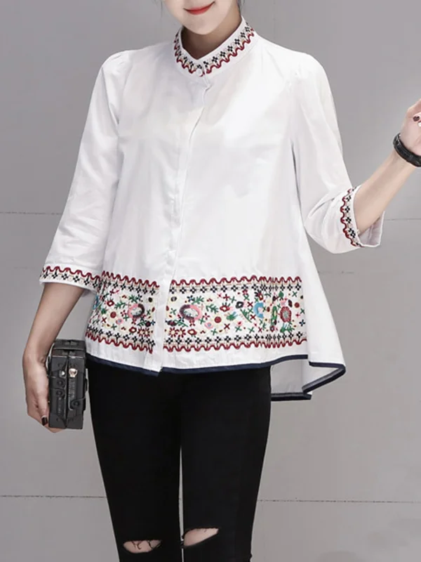 Loose Three-Quarter Sleeves Buttoned Embroidered Stand Collar Blouses&Shirts Tops