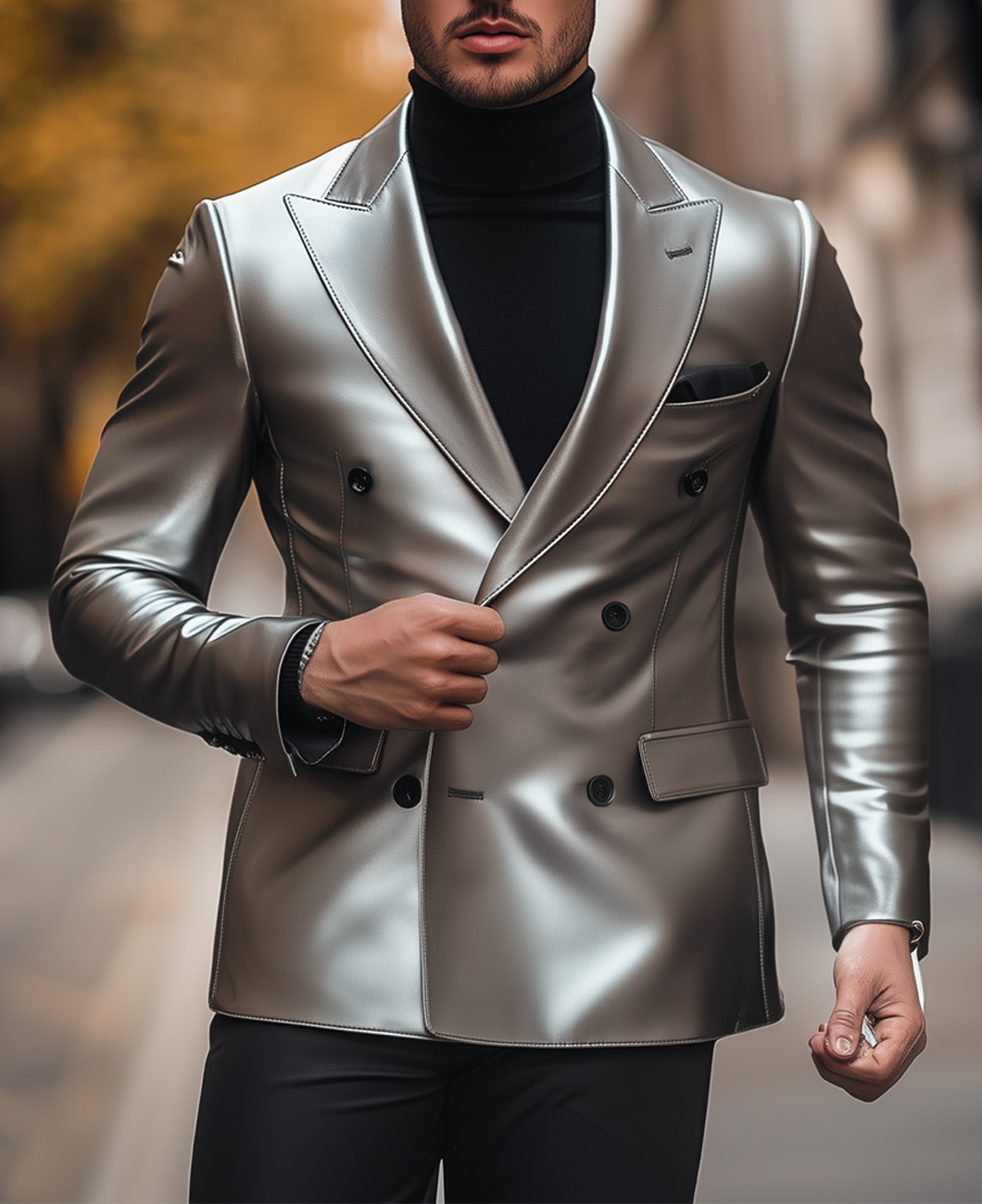 Okaywear Business Leather Peaked Lapel Double Breasted Blazer