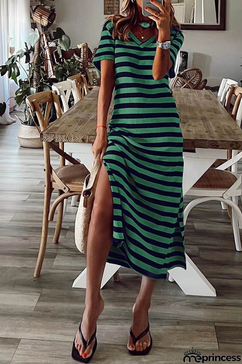 Casual Striped Patchwork V Neck A Line Short Sleeve Dress