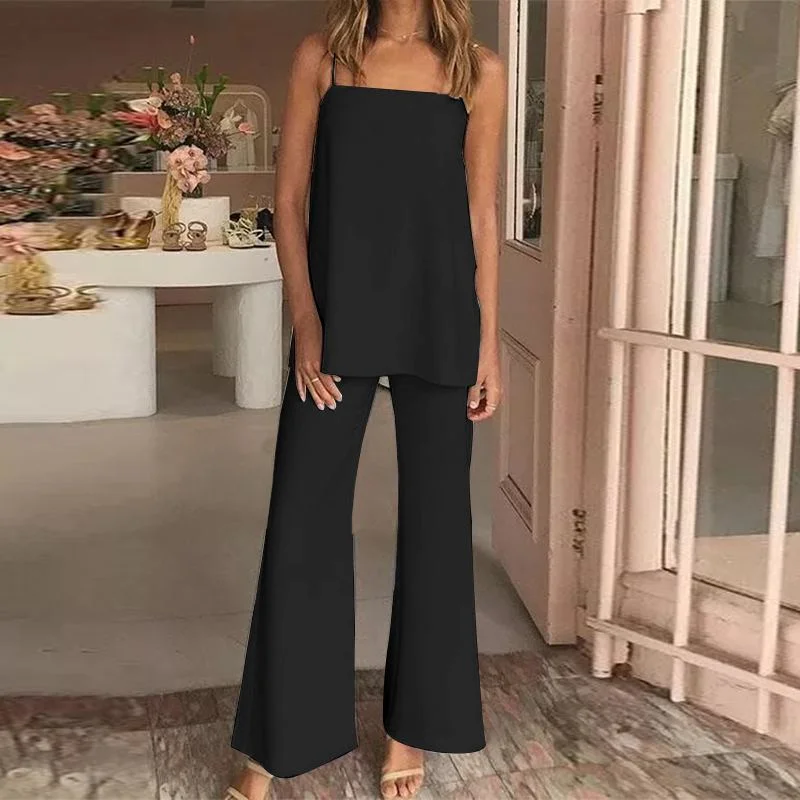 New Fashion Trousers Sets 2 PCS Celmia Women 2022 Sleeveless Straps Tops and Flared Pant Summer Sexy Solid Work Matching Suits