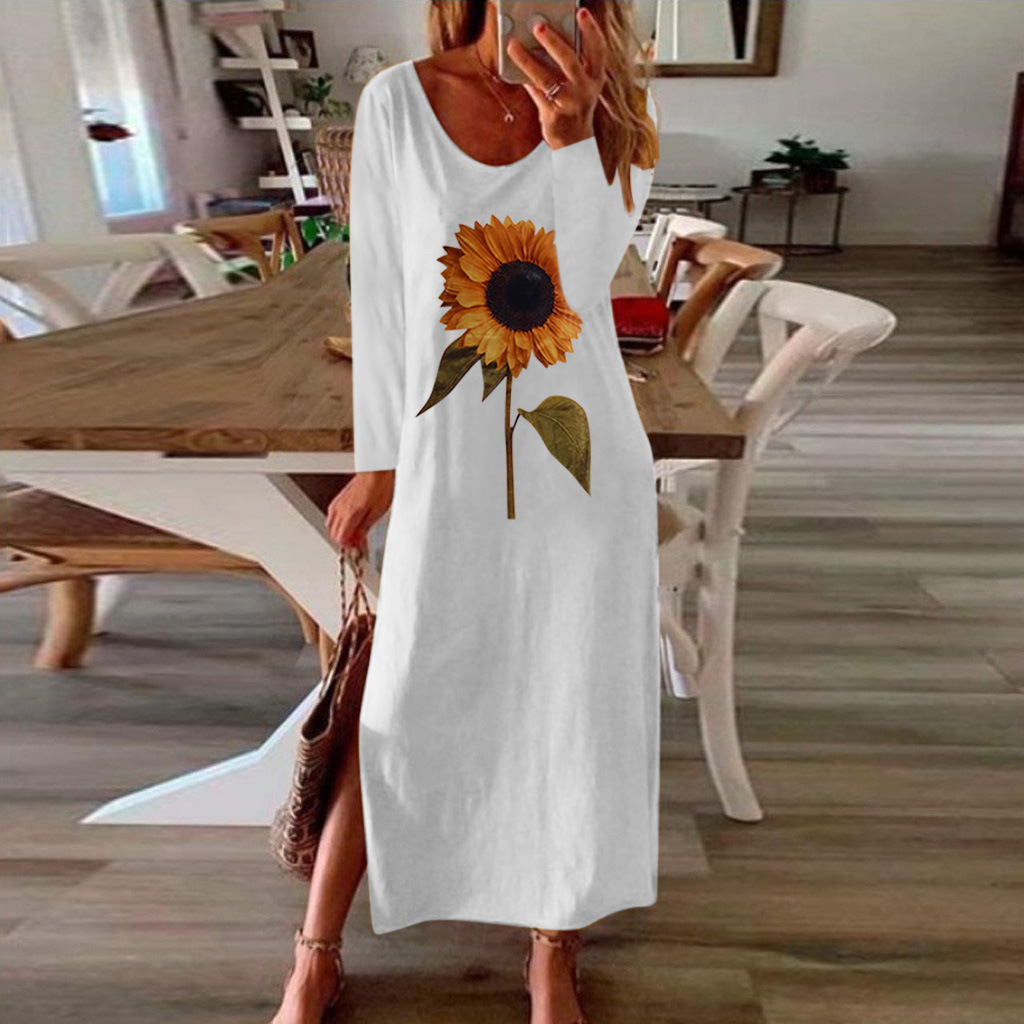 Women Elegant Sunflower Print Long Sleeve Split Maxi Dresses