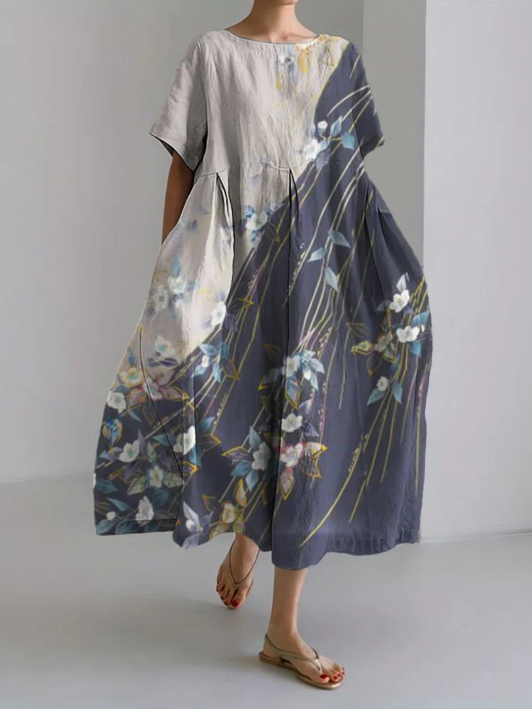 Classy Floral Contrast Japanese Linen Blend Maxi Dress