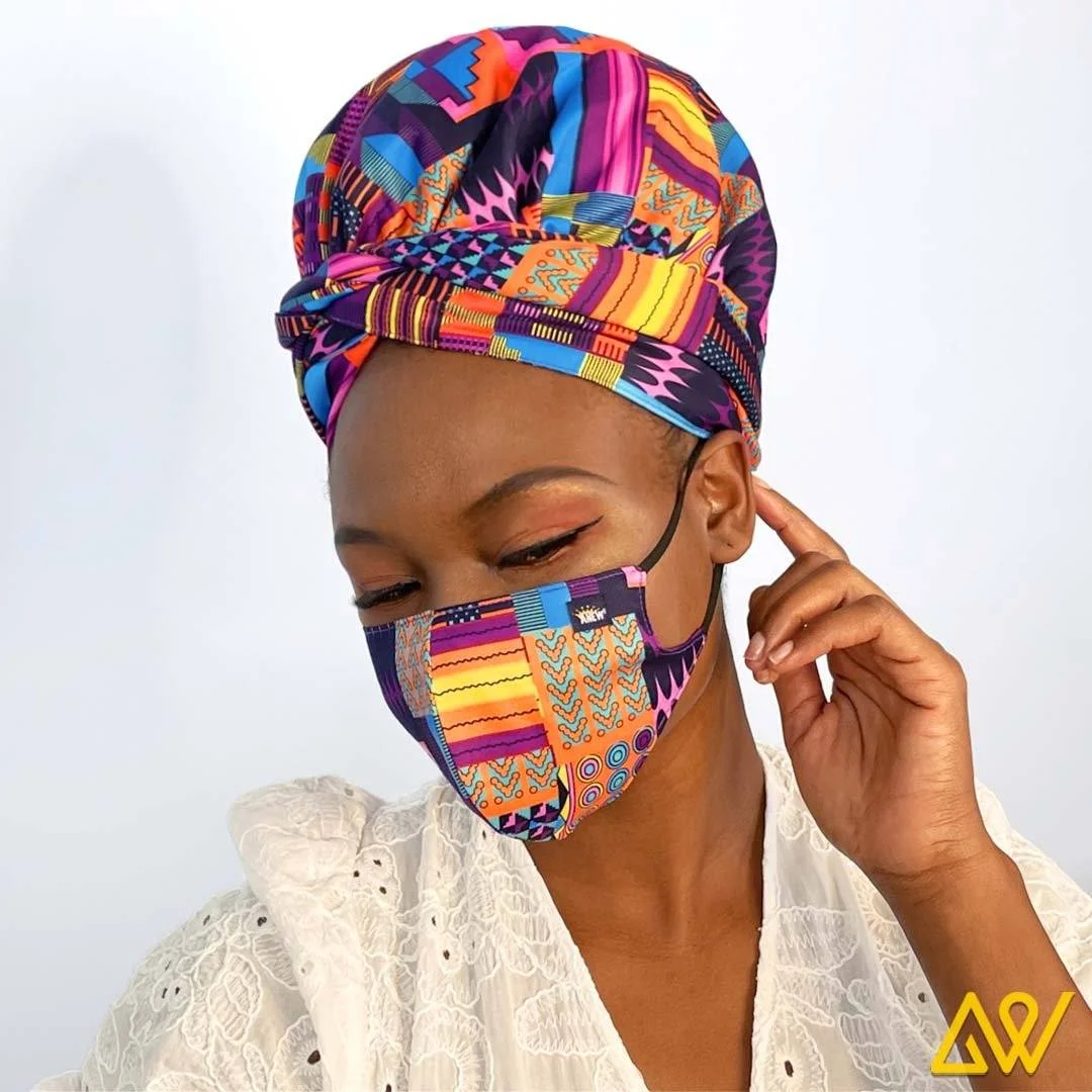 African Print Button Head Wrap With Satin Lined Face Cover-AW1165+