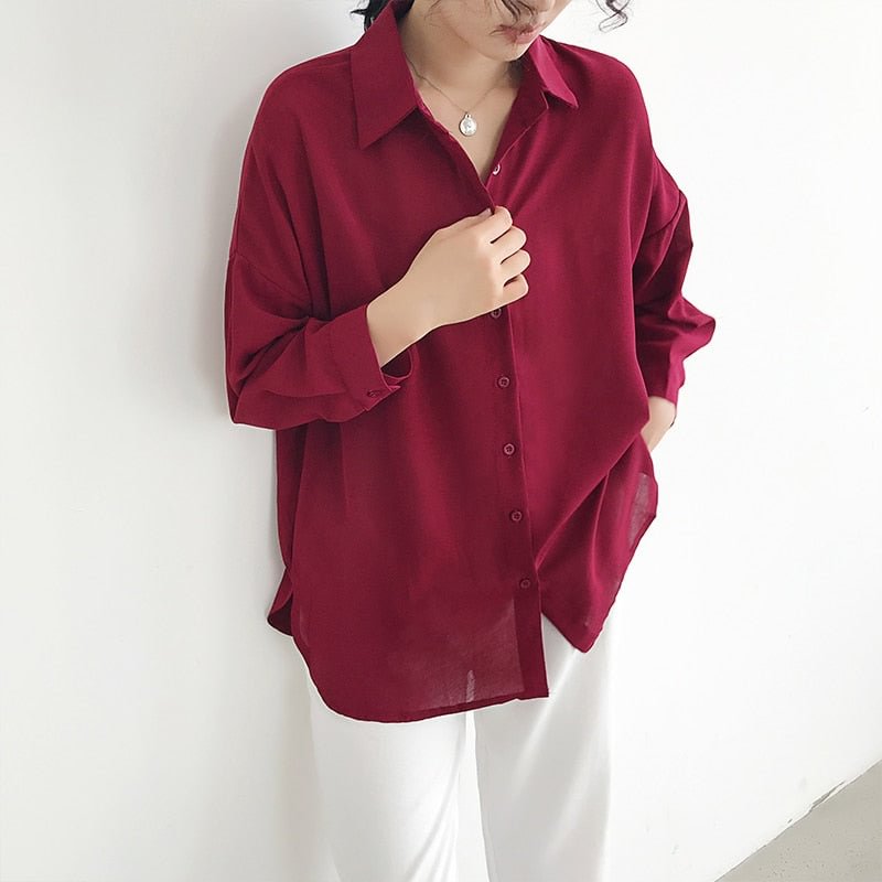 New Arrival Women Solid Turn-down Collar Chiffon Blouse Oversize Button Up Wine Red Shirt Korea Style Feminina Blusa T9O905F