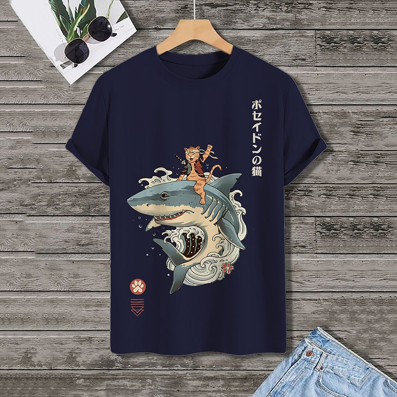 Men's Japanese Wave Samurai Cat Shark Print Cotton Casual T-Shirt  artssus