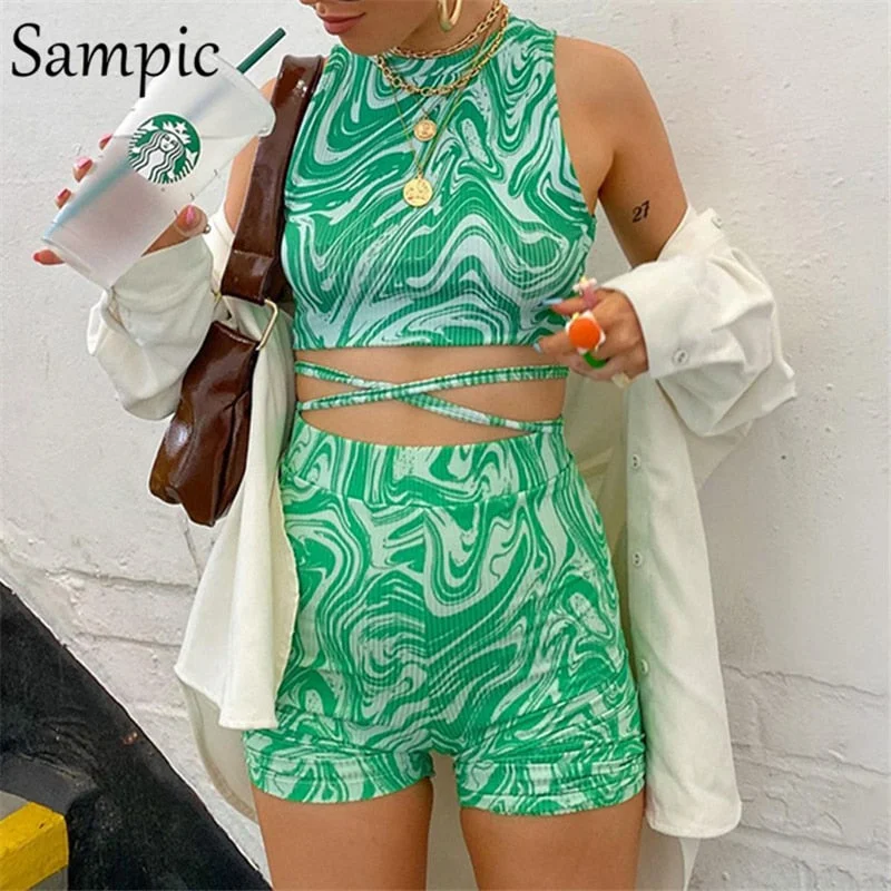 Sampic Summer Casual Women Shorts Tracksuit Tie Dye Print Lace Up Skinny Y2K Tops And Bodycon Mini Biker Shorts Two Piece Set