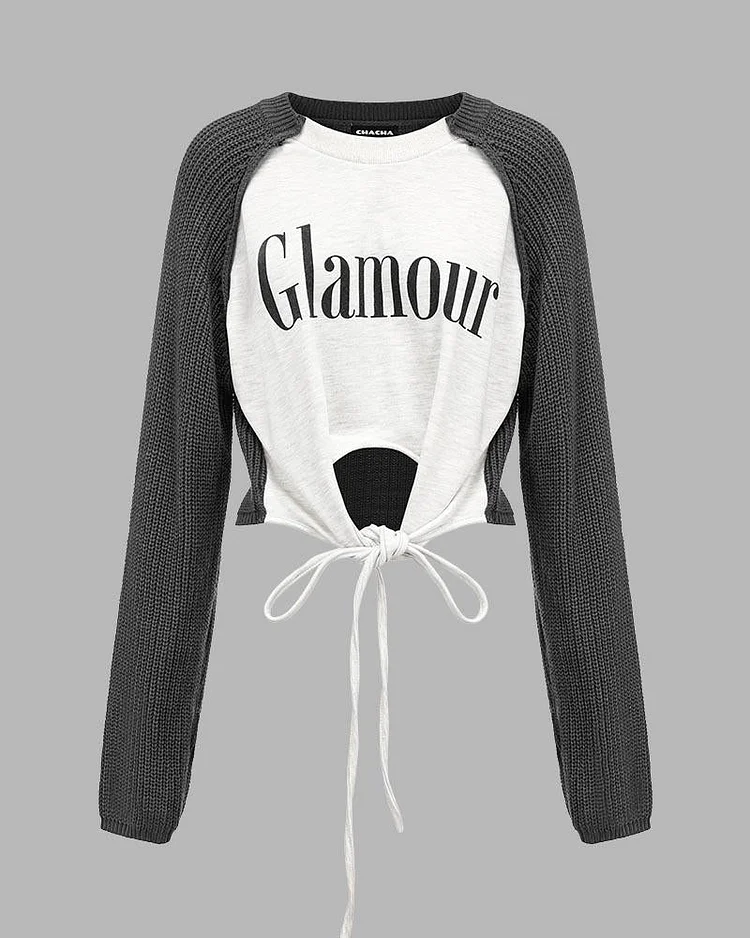 Glamour Raglan Graphic Ribbed Sleeves Top