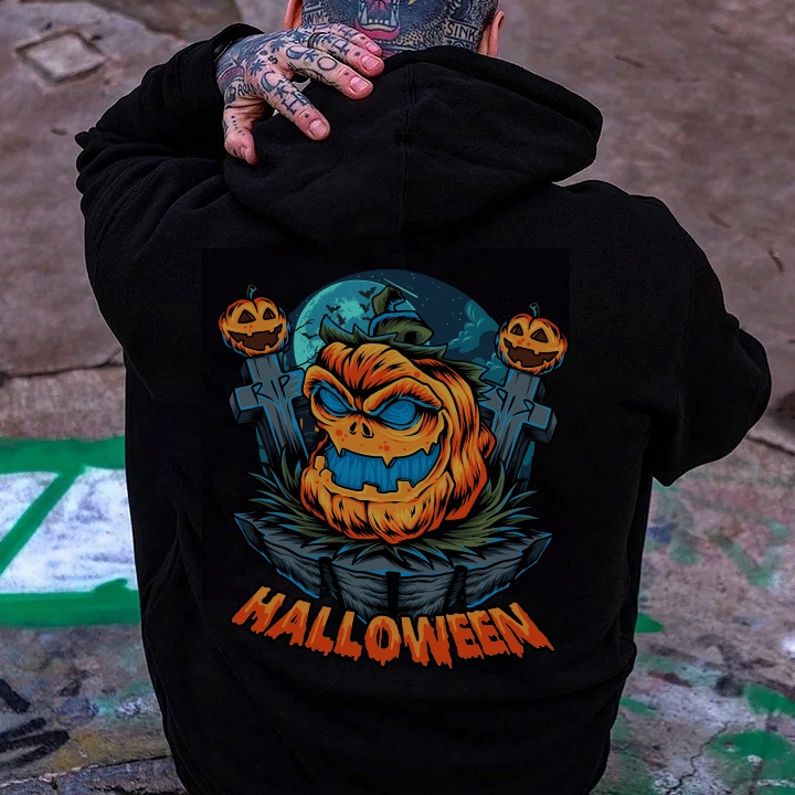 Halloween Hoodie with Skull and Pumpkin Print