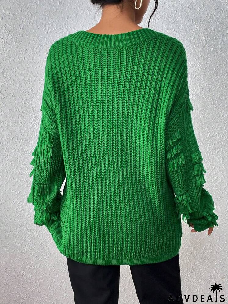 Fringe Trim Drop Shoulder Sweater