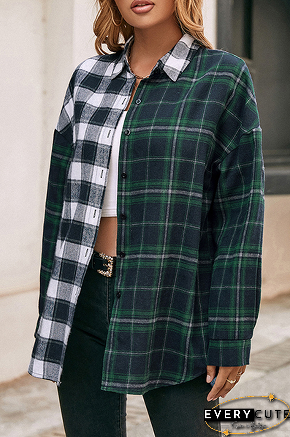 Casual Plaid Split Joint Buckle Turndown Collar Tops