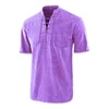 Men Gothic Retro T-Shirt Lace-up V-neck Linen Pocket Short Sleeve Tee Shirt Loose Tops