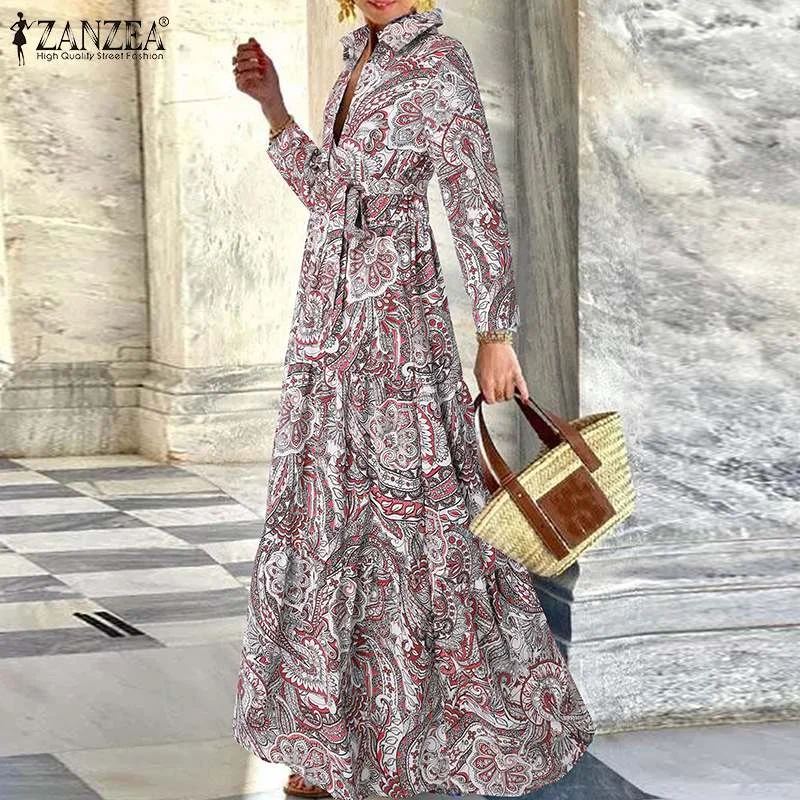 Women Elegant Lapel Maxi Long Shirt Dress Spring Casual Full Sleeve Party Sundress ZANZEA Vintage Lace Up Vestidos Oversize Robe