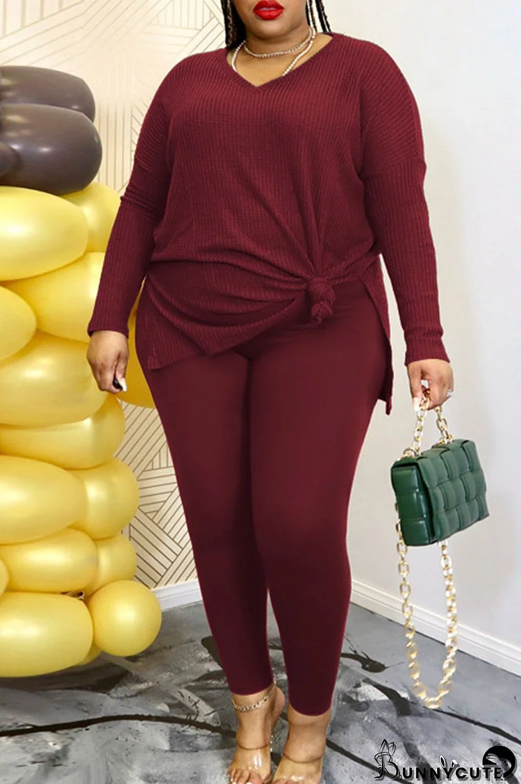 Burgundy Casual Solid Patchwork Slit V Neck Plus Size Two Pieces