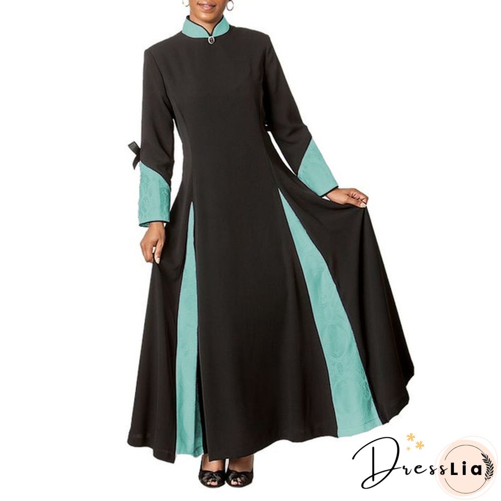 Church Women Clergy Dress Fashion Patchwork Long Sleeve Dress Patchwork Fall Winter Dress Stand Collar Pleated Preaching Robe