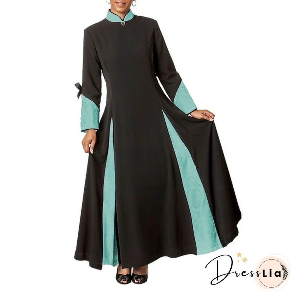 Church Women Clergy Dress Fashion Patchwork Long Sleeve Dress Patchwork Fall Winter Dress Stand Collar Pleated Preaching Robe