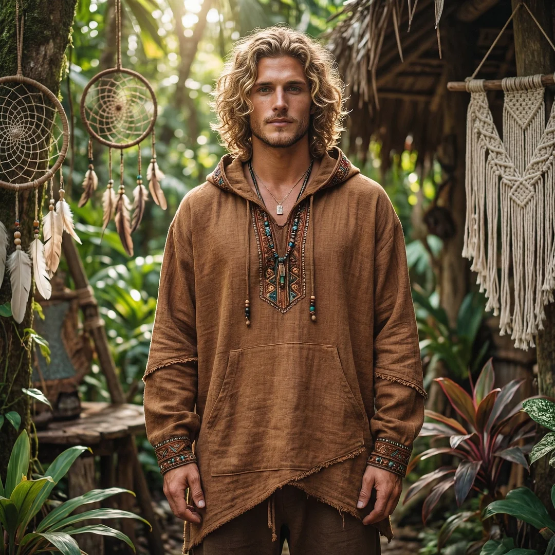 Boho Embroidered Hoodie with Cross Front Detail and Statement Necklace-inspireuse