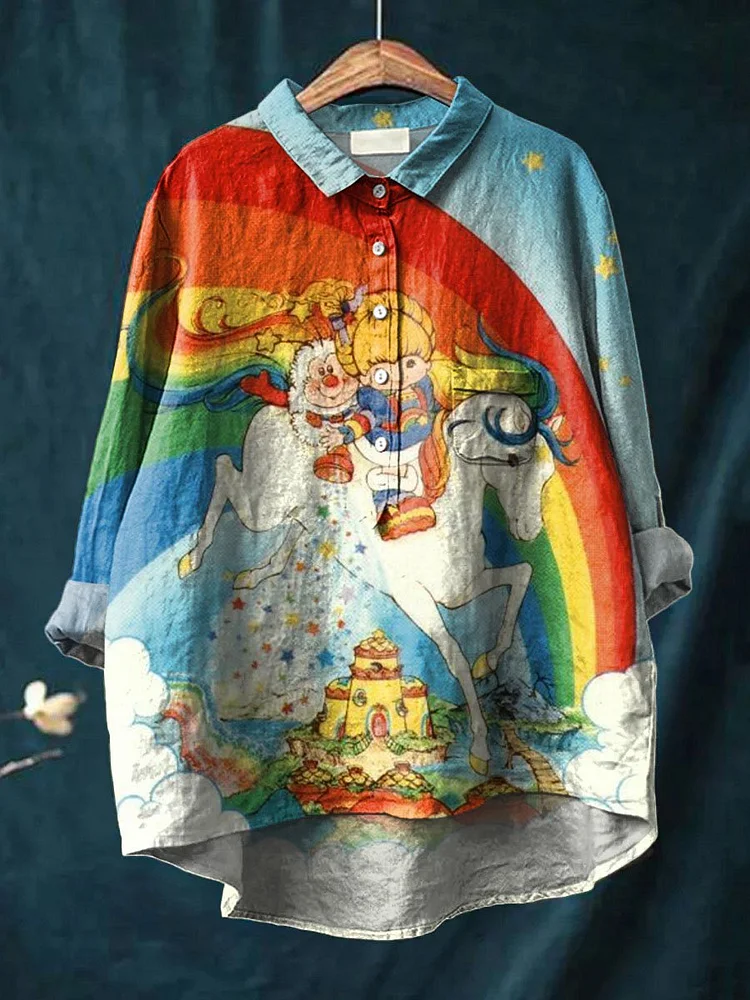Vintage 1980 Rainbow Girl Cartoon Pattern Art Print Casual Cotton And Linen Shirt