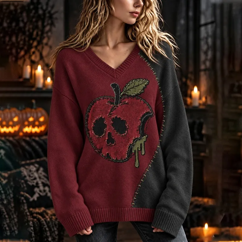 Comstylish Women's Halloween Colorblock Skull Apple Knit V-neck Sweater