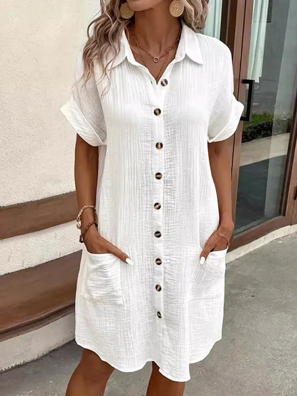 Pleated Split-Joint Loose Short Sleeves Lapel Shirt Dress Mini Dresses