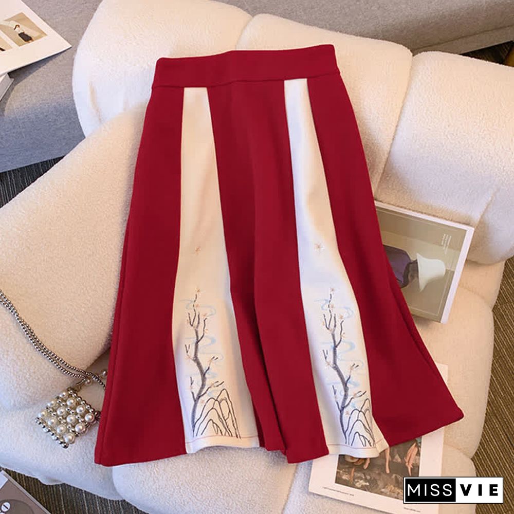 Vintage Embroidery Buckle Bowknot Hoodie Colorblock Skirt