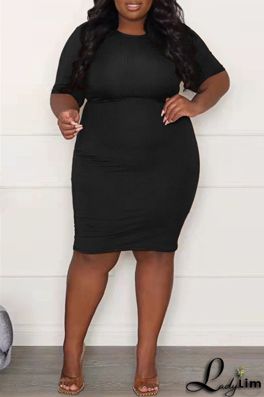 Brownness Fashion Casual Plus Size Solid Basic O Neck Short Sleeve Dress