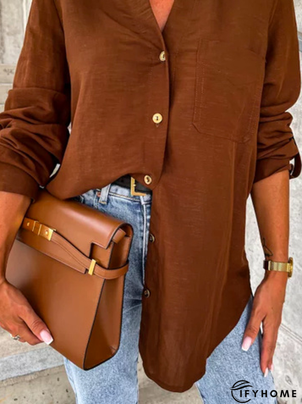 Casual Plain Autumn Micro-Elasticity Loose Long sleeve H-Line Regular Shirt Collar Blouse for Women | IFYHOME