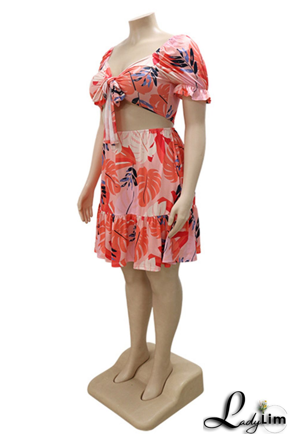 Pink Fashion Sexy Print Bandage V Neck Plus Size Two Pieces