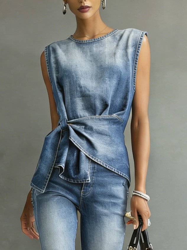 Denim Casual Plain Knot Front Crew Neck  Top mysite idetrend
