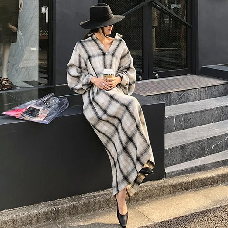 Loose Plaid Long Sleeve Lapel Maxi Dress