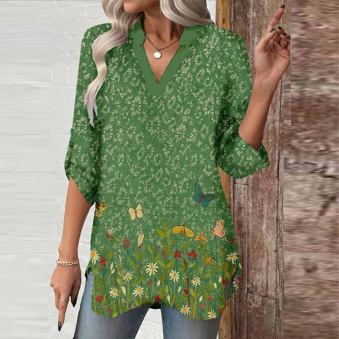 Women Green, Floral, Yellow DZGA0557 3/4 Sleeve V-neck Printed Graphic Button Tops