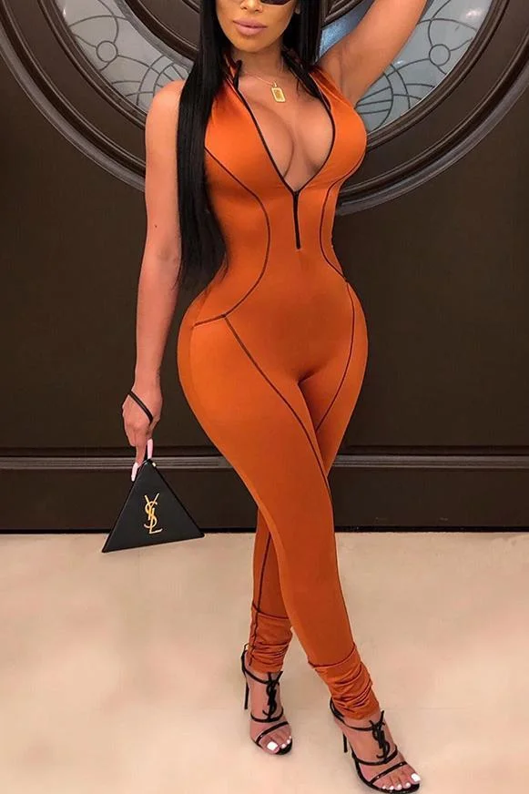 Sexy Slim-Fit Solid Color Stitching Jumpsuit