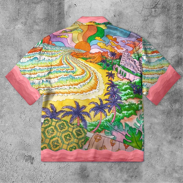 Broswear Rainbow Literary Style Printed Short Sleeve Silk Shirts