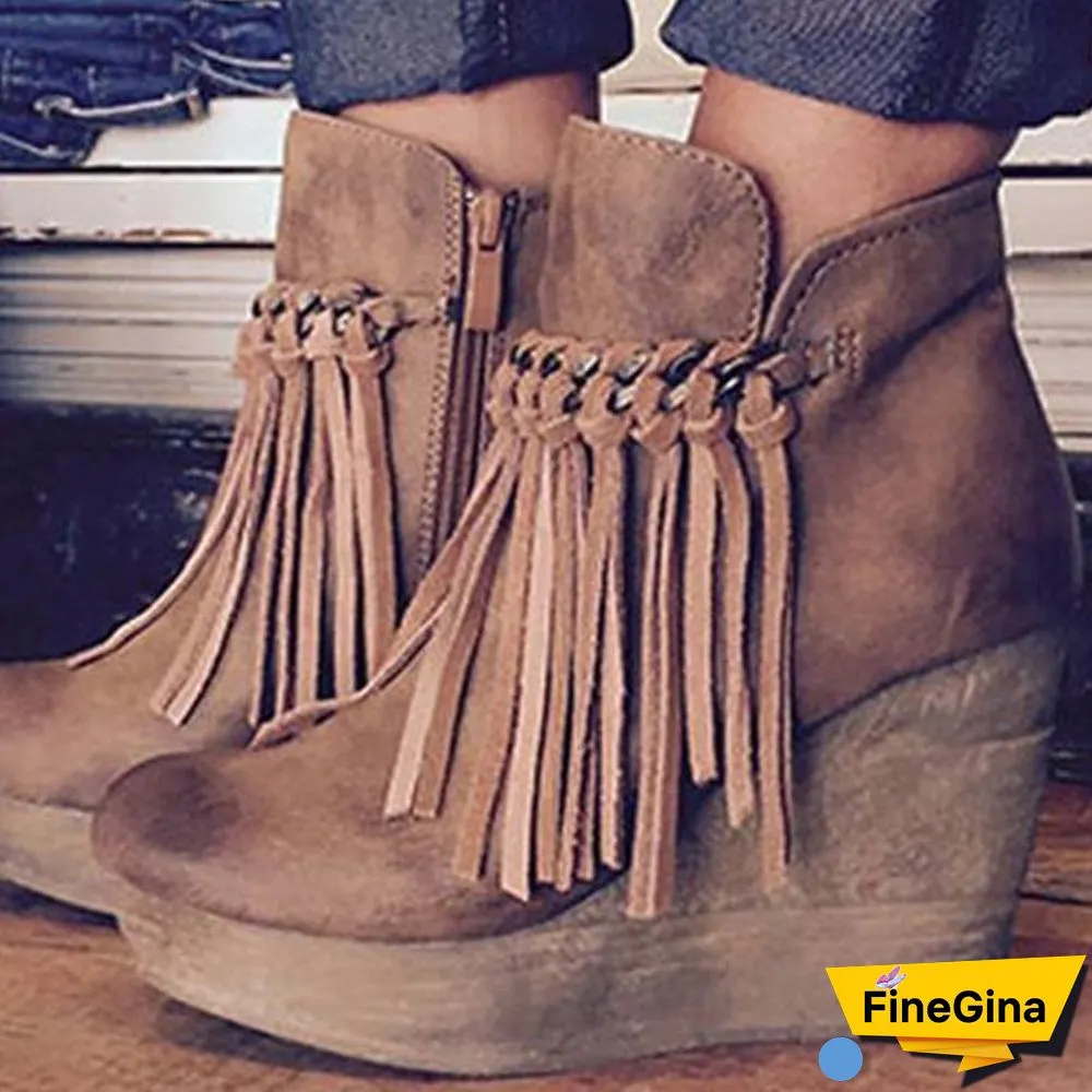 Wedge Booties Artificial Leather Tassel Boots Wedge Heel Zipper Shoes