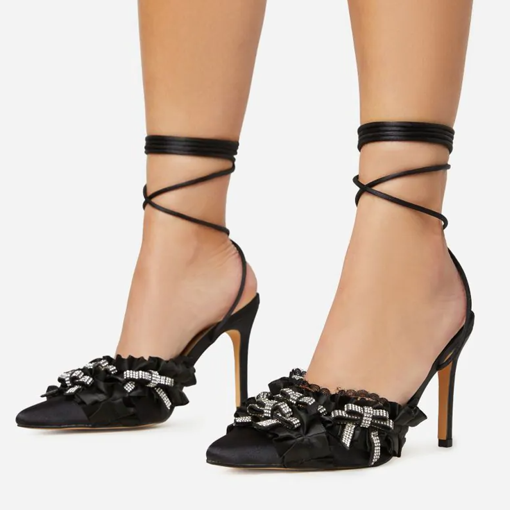 Black Satin Pointed Toe 3'' Stiletto Heel Lace Up Pumps with Bow Nicepairs