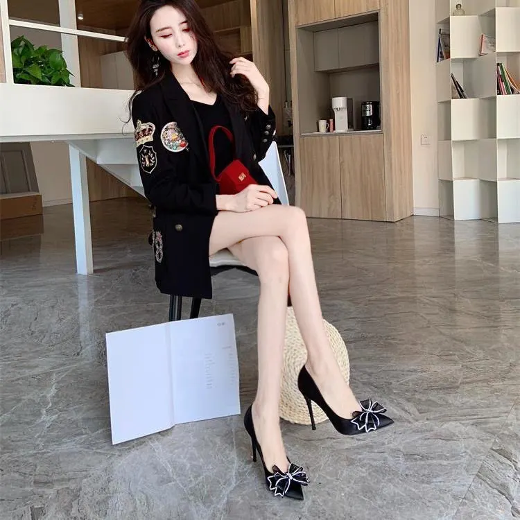 Breakj Breakj Drill Bow High Heels Summer Women's New Wedding Shoes Design French Famous Temperament Niche Pointed Single Shoes Sandals